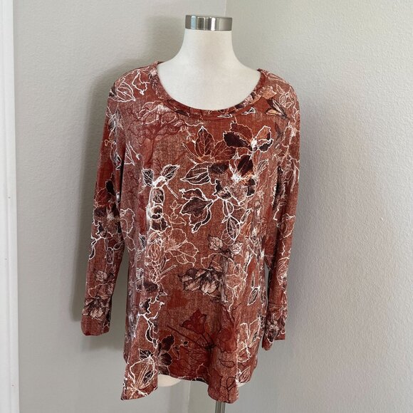 Susan Graver Weekend Plus 1X Rust Floral Long Sleeve Tunic Top Fall Color Shirt - Picture 1 of 11